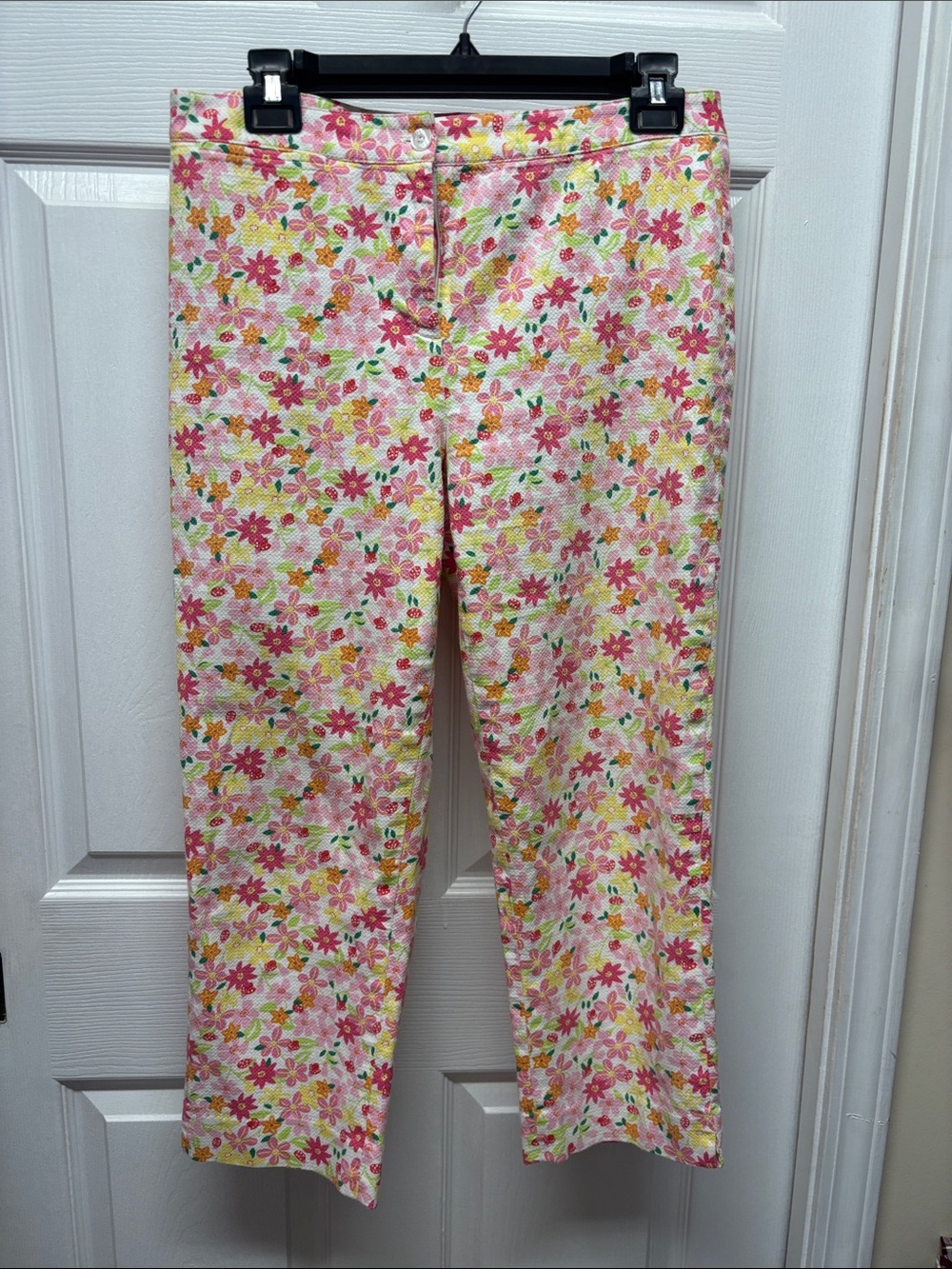 Lilly Pulitzer Pink Floral Zip Front Top with Green & Yellow Accents Textured 8
